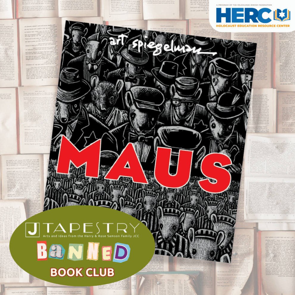 Cover of "Maus" graphic novel displayed over open books, with logos for Tapestry and HERC, and "Banned Book Club" text.