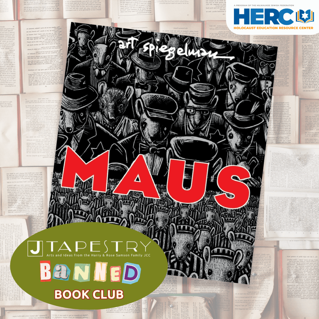 Cover of "Maus" graphic novel displayed over open books, with logos for Tapestry and HERC, and "Banned Book Club" text.