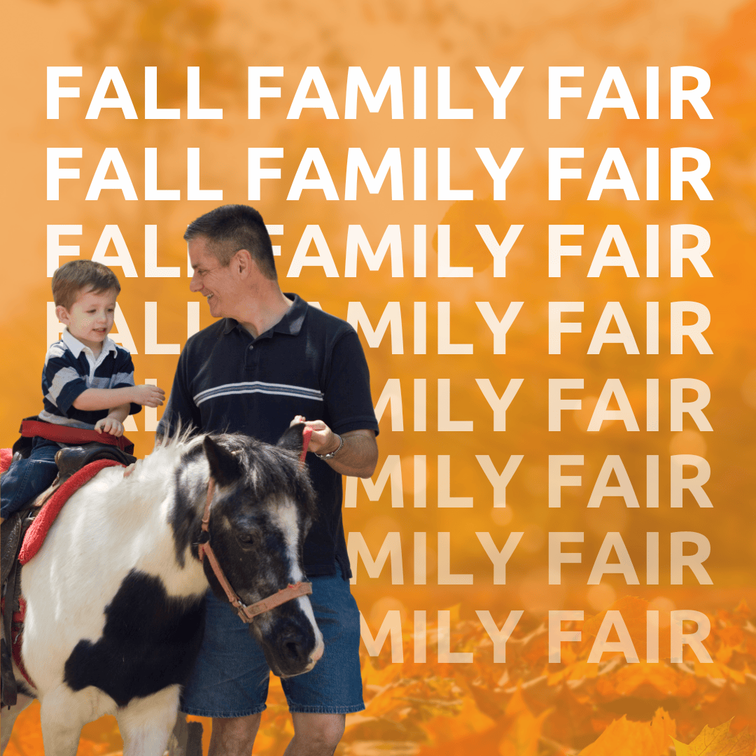 A father and son are at a fall family fair. The son is riding a small horse, while the father stands beside him, smiling. The background features repeated text, "FALL FAMILY FAIR," and autumn leaves.