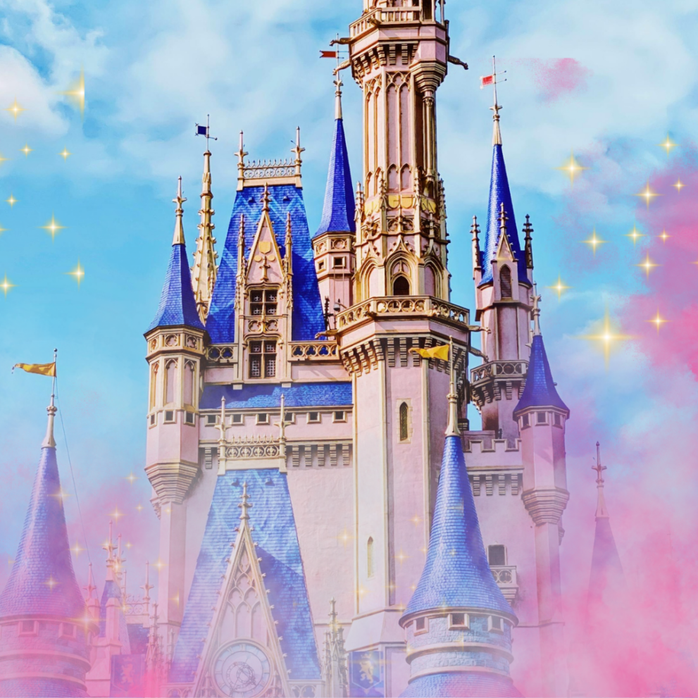 A castle with blue rooftops and spires sits against a blue sky, surrounded by pink and yellow sparkle effects.