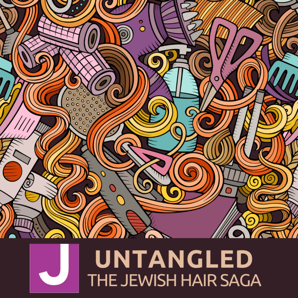 An intricate illustration of curly hair entangled with scissors, combs, and hair products. Text at the bottom reads "Untangled: The Jewish Hair Saga.