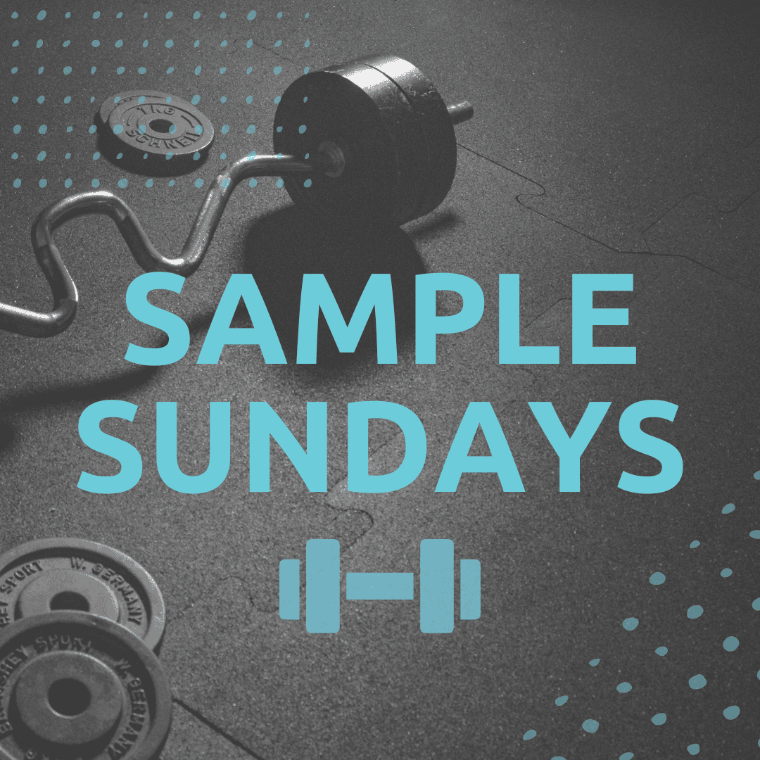 A barbell and weights on a gym floor with the text "SAMPLE SUNDAYS" in bold blue letters and a dumbbell icon beneath.