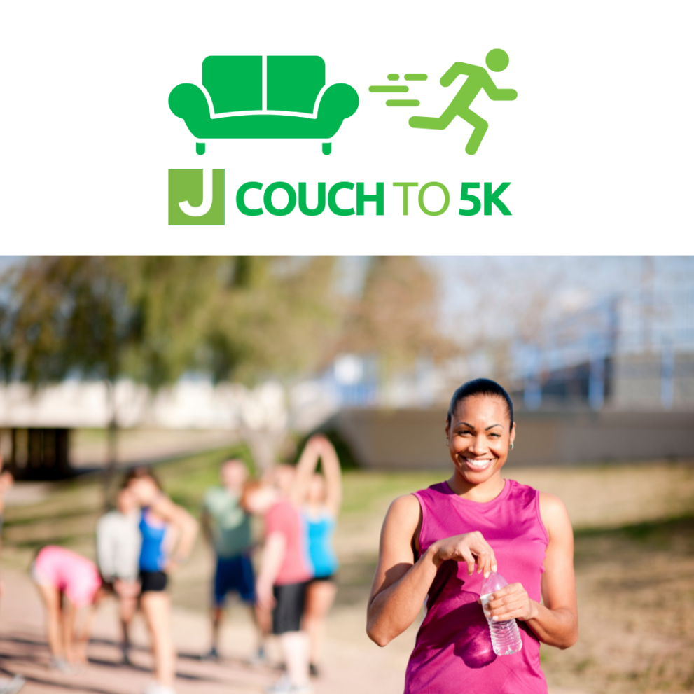 A person holding a water bottle stands smiling in the foreground, with a group of people stretching in the background. "Couch to 5K" logo is at the top.