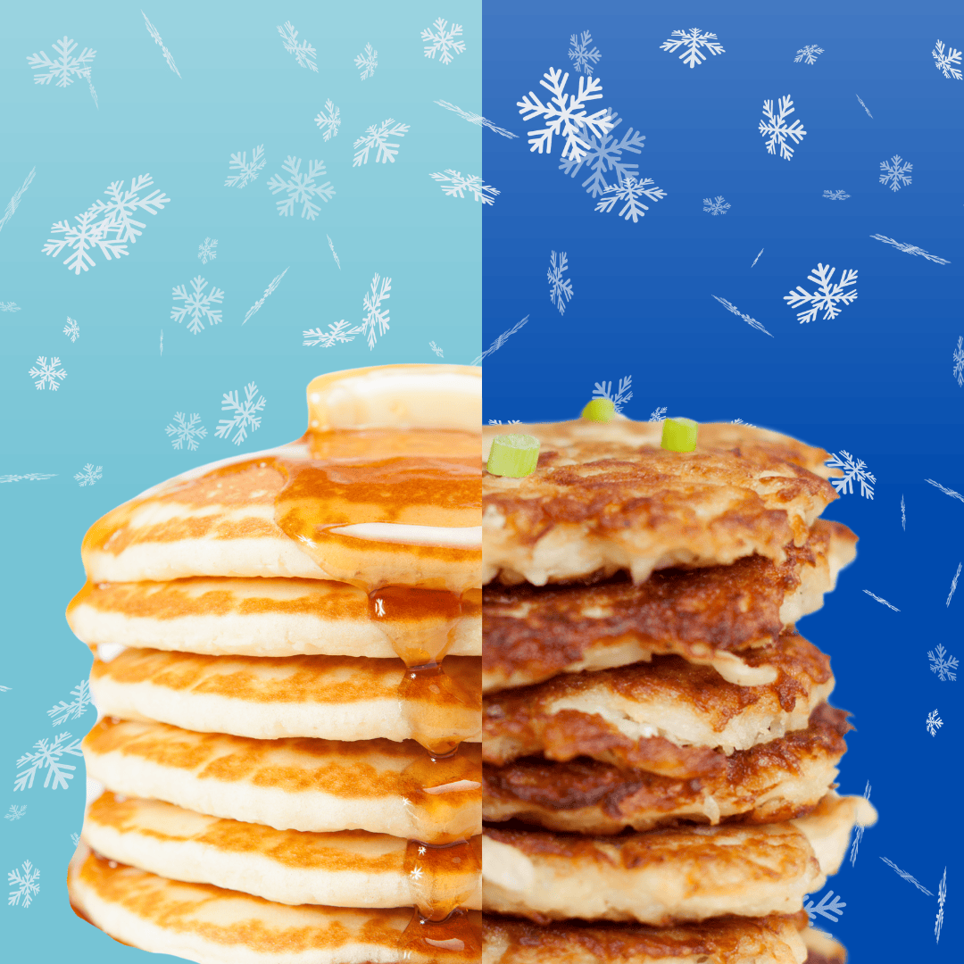 Split image of pancakes on the left with syrup and hash browns on the right, both with snowflake backgrounds.