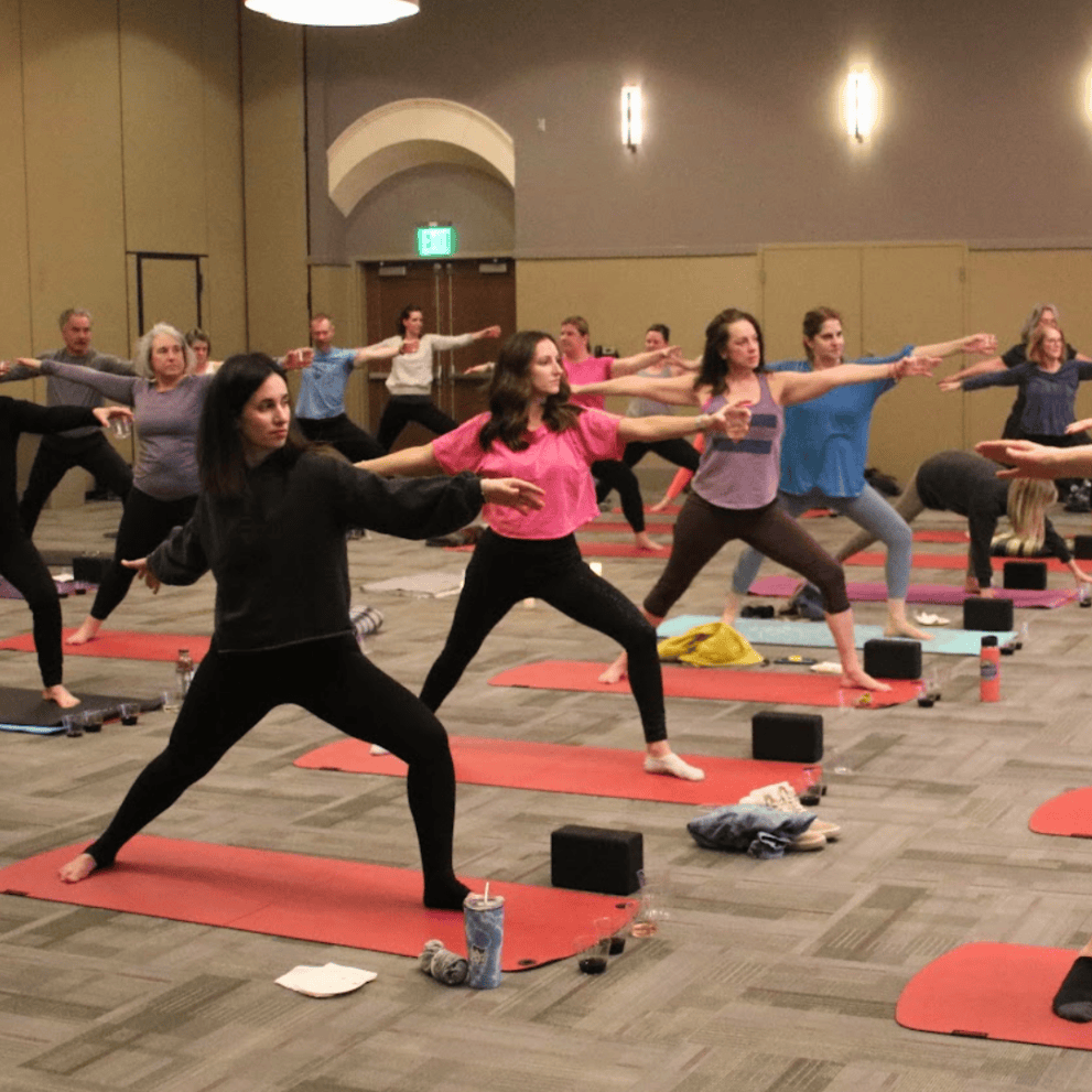 A group of people are practicing yoga in a gym, all in warrior pose on yoga mats.