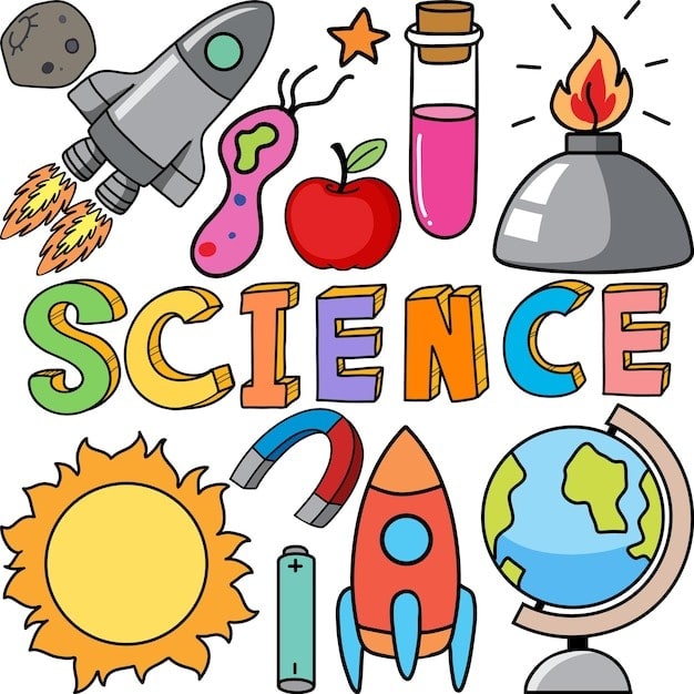 Colorful science-themed illustration with a rocket, flask, apple, flame, magnet, globe, sun, and the word "SCIENCE" in bold, multicolored letters.